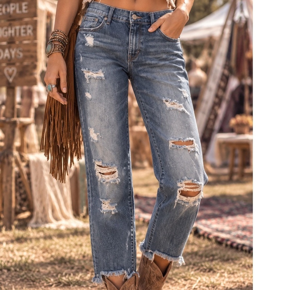 Express Skinny Ankle Mid Rise Distressed Jeans Medium Wash Raw Hem 10R Ankle